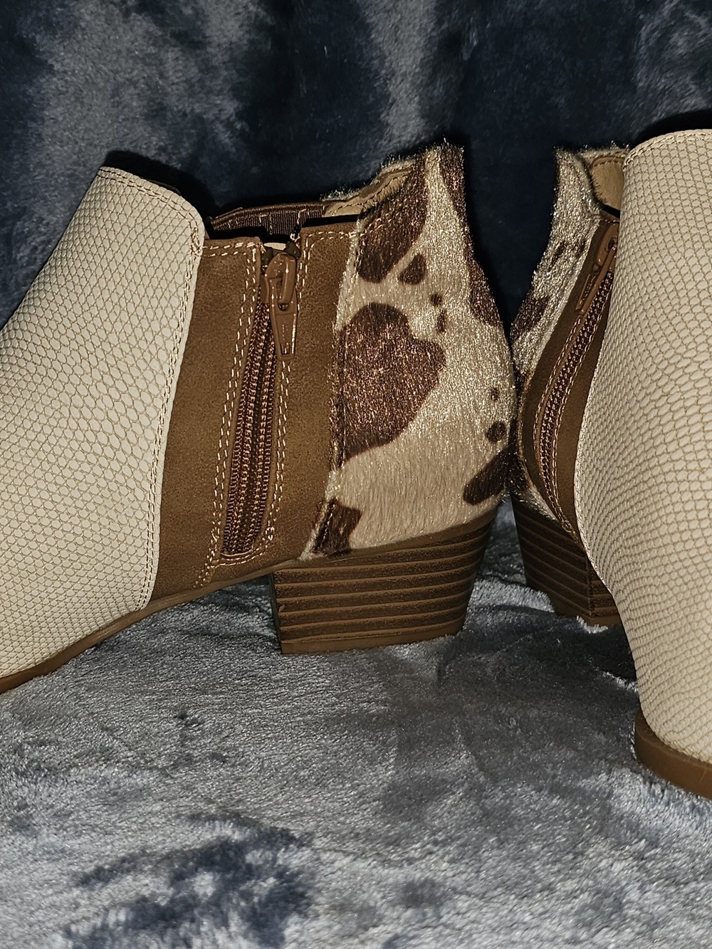 Women’s Beige & Brown Cowprint Ankle Booties with Side Zip